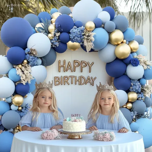 Vista 4 de Kit de Arco de Globos Azul Polvoriento Dorado, Kit de Arco de Globos Pastel de Doble Relleno Azul Claro Azul Oscuro Mezclilla Azul Pálido con Globos