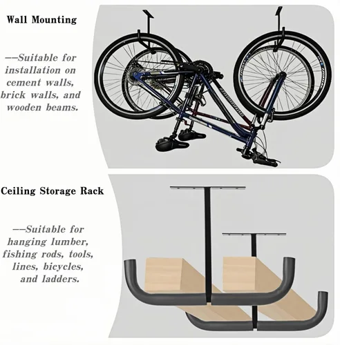 Vista 5 de Ganchos de almacenamiento de garaje, estante de techo doble resistente para escaleras de madera, bicicletas, neumáticos y otros artículos