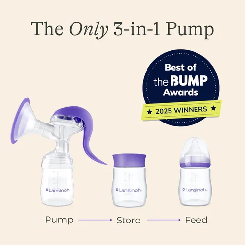 Vista 3 de Lansinoh Extractor de leche manual, bomba de mano con borde cómodo, incluye biberón de 5oz con tetina de flujo lento, elementos esenciales