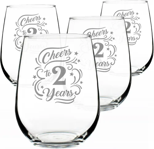 Vista 6 de Custom Cheers to 2 Years - Personalized Stemless Wine Glass Gifts for Women & Men - 2nd Anniversary Party Decor - Large 17 Oz Glasses - Customized