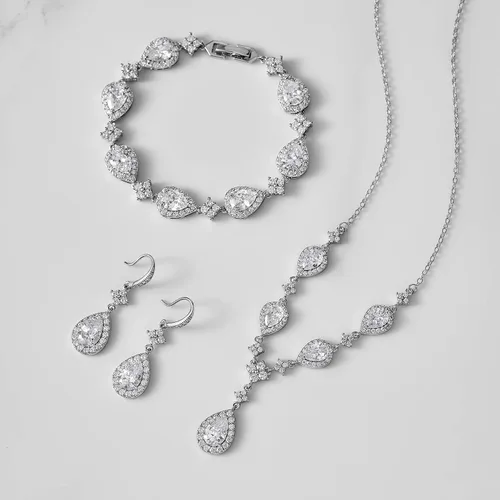 Vista 3 de SWEETV Juego de joyas para mujer, diseño de lágrima con circonita cúbica, juego de collar y aretes para novia, fiesta de boda, graduación, joyería