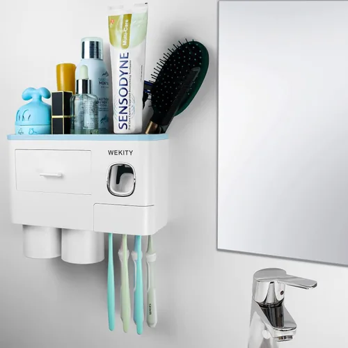 Vista 8 de Soporte multifuncional para cepillos de dientes montado en la pared, dispensador automático de pasta de dientes que ahorra espacio para cepillos