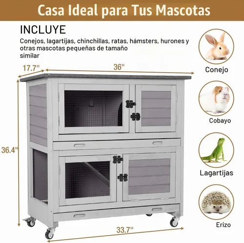 Vista 6 de Conejera para Exteriores e Interiores Jaula de Conejo 2 con Bandejas Extraíbles Grandes Jaula de Conejillo de Indias de 2 Pisos sobre Ruedas - Se