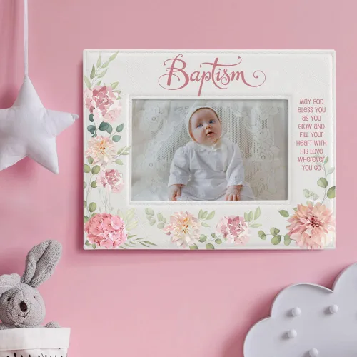 Vista 3 de KATE POSH Marco de fotos de bautismo para niña, decoración de flores rosas, bautizo, regalo religisoso, de padrinos, bebé nuevo (4 x 6 horizontal)