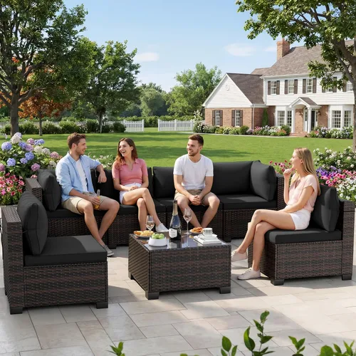 Vista 11 de LEVELEVE Juego de muebles de patio al aire libre, sofá seccional de conversación de ratán de tejido manual con mesa de centro de vidrio templado