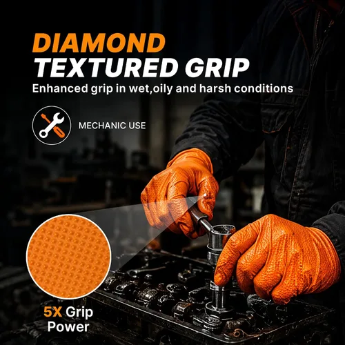 Vista 3 de TitanFlex Heavy Duty Orange Industrial Nitrile Gloves with Raised Diamond Texture, Latex Free (6mil/8mil)