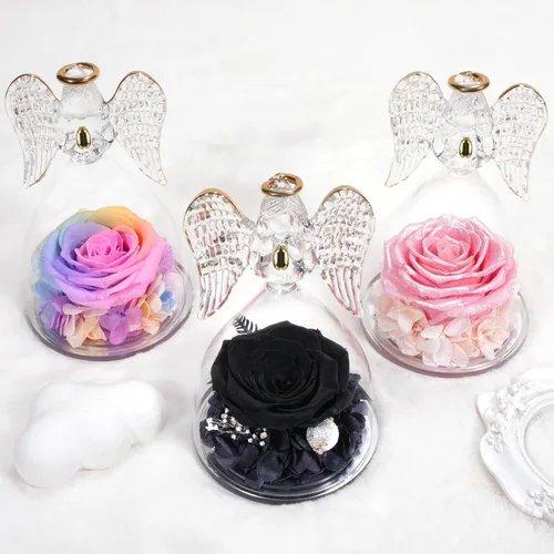Vista 7 de Miofula Regalos para mamá, regalos de cumpleaños para mujeres, flores preservadas en figuras de ángel de cristal, flores frescas para entrega, Rosa