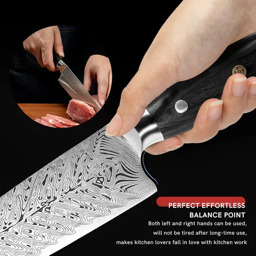 Vista 9 de WAK Cuchillo de chef de 8 pulgadas, patrón de damasco de espiga, cuchillo de cocina de hoja de acero inoxidable súper afilado, cuchillo de chef