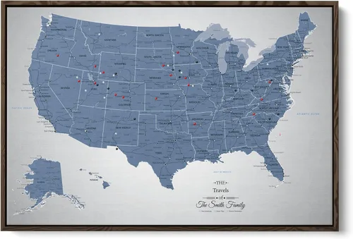 Vista 9 de Blue USA Map Poster with Pins – Cool Tone Personalized United States Travel Map Canvas – Large 24" x 36