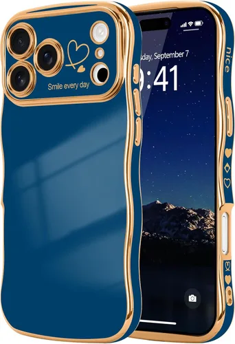 Vista 64 de LCHULLE - Funda para iPhone Air, linda para mujeres y niñas, con forma de onda, color azul bebé Luxury Plating Curly Wavy Frame with Love Heart