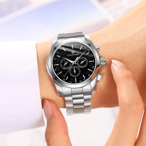 Vista 4 de FORSINING - Reloj analógico de cuarzo para hombre, resistente al agua, con correa de acero inoxidable