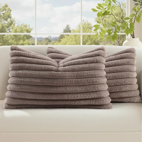Vista 70 de decorUhome Fundas de almohada de piel sintética, juego de 2, decorativas, afelpadas, suaves, afelpadas, a rayas, parte posterior de terciopelo