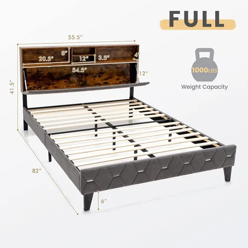 Vista 2 de KOMFOTT Base de cama matrimonial tapizada con cabecera de almacenamiento, base de cama de plataforma con estantes abiertos y espacio