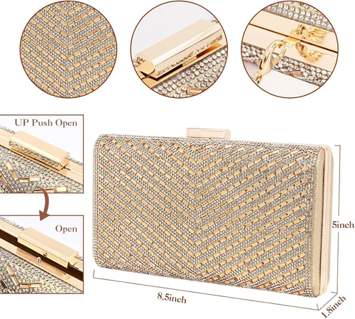 Vista 5 de Bolso de mano con diamantes de imitación brillantes para novia, cierre de metal, bolso formal para fiesta y boda, bolsa de noche para mujeres