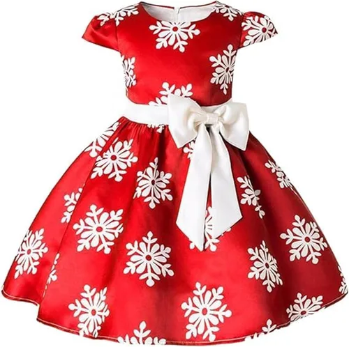 Vista 2 de Vestido de Navidad para niñas pequeñas, con estampado de copos de nieve, para boda, formal, cumpleaños, fiesta, con cinturón de lazo