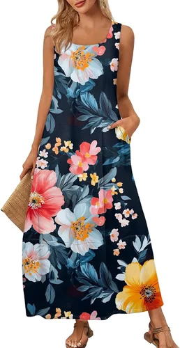 Vista 16 de Vestidos de iglesia para mujer 2025, casual, holgado, sin mangas, largo, fluido, vestido de verano con bolsillos