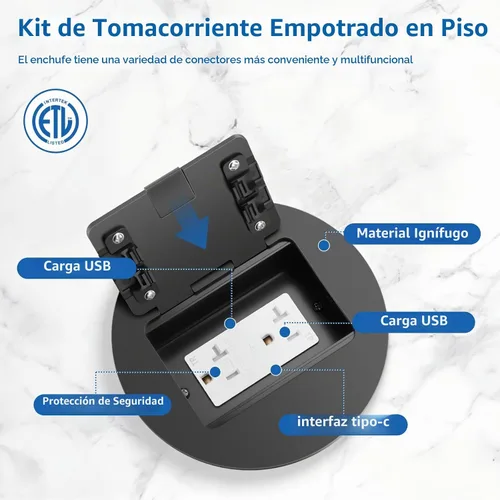 Vista 2 de Kit de Salida Eléctrica de Piso Empotrado, Receptáculo Dúplex Circular Oculto Resistente a Manipulaciones 20A, Caja de Cubierta de Salida Eléctrica