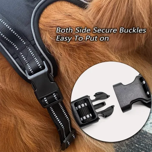 Vista 5 de Arnés para perro sin tirones con un juego de correa fuerte de 5 pies, chaleco ajustable, clip frontal reflectante resistente con mango de fácil