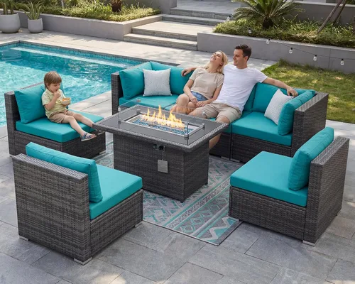 Vista 79 de NICESOUL Juego de muebles de patio de ratán extra grande con mesa para fogata de gas y propano, 29.3 pulgadas, respaldo alto, cómodos conversaciones