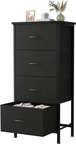 Vista 13 de Sweetcrispy Cómoda alta de tela para dormitorio, cómoda delgada de 6 cajones, torre de almacenamiento estrecha con parte superior de madera y marco