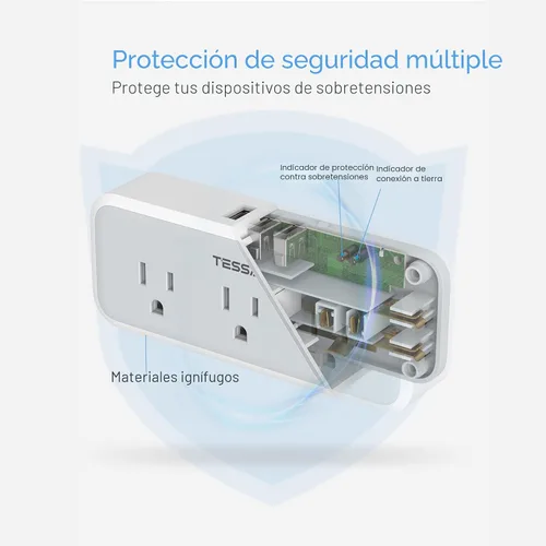 Vista 3 de Extensor de Tomas Múltiples, Cargador de Pared USB C, TESSAN Divisor de Enchufe de Pared con 5 Tomas y 3 USB, Expansor de Energía Eléctrica con Gris