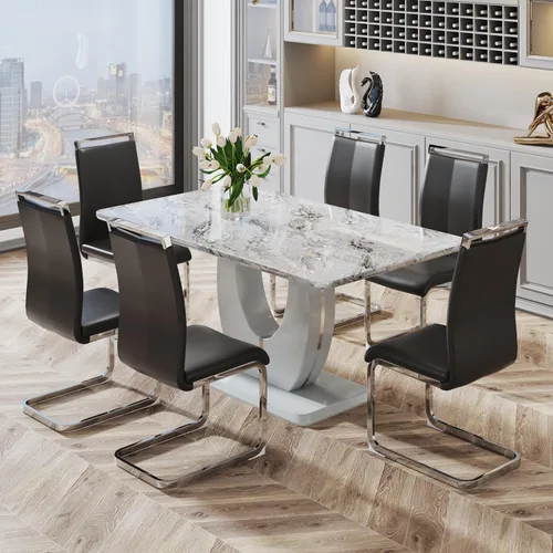 Vista 24 de JUFU Juego de mesa de comedor moderno para 4, juego de mesa de cocina rectangular de 63 pulgadas con mesa de mármol sintético y 4 sillas tapizadas