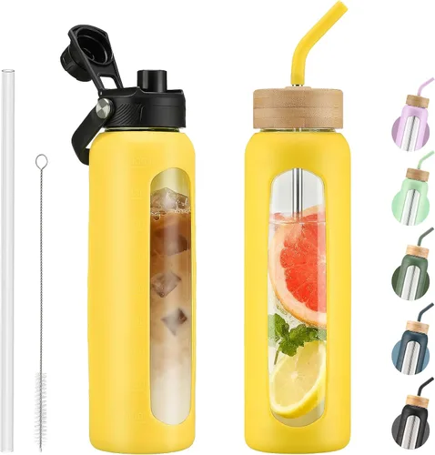 Vista 72 de Botella de agua Kodrine con pajita, botella de vidrio de 24 oz con 2 tapas, una de pajita de bambú y otra con pico y asa, botella de vidrio
