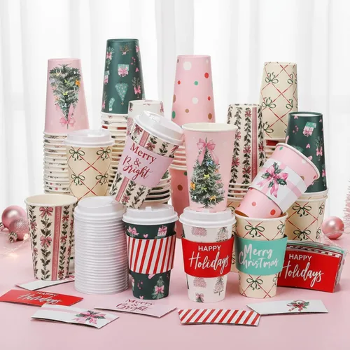 Vista 7 de 36 juegos/108 vasos de papel de Navidad de 16 onzas desechables de Navidad para llevar, tazas de café con tapas y mangas, taza de café de cacao