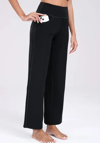 Vista 5 de Oalka Pantalones de pierna ancha para mujer, pantalones de yoga de cintura alta con bolsillos, pantalones deportivos de talla grande