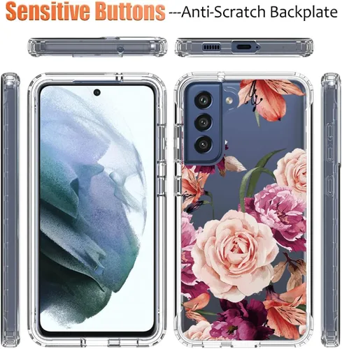 Vista 5 de Funda para Galaxy S21 FE, SM-G990U con protector de pantalla de vidrio templado, diseño floral a prueba de golpes, carcasa protectora de cuerpo