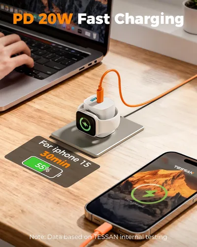 Vista 4 de Bloques de carga para Apple Watch, bloque de carga PD 20W USB C 3 en 1 con carga inalámbrica inteligente incorporada para reloj inteligente Blanco