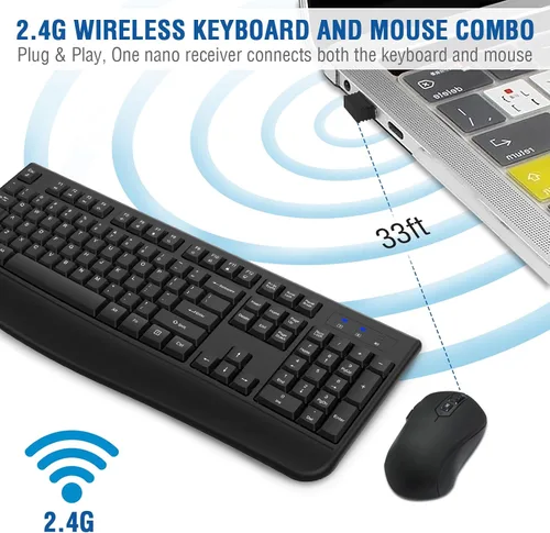 Vista 3 de Combo de teclado y mouse inalámbricos, EDJO, teclado ergonómico de tamaño completo de 2.4G para computadora con reposa muñecas y mouse inalámbrico