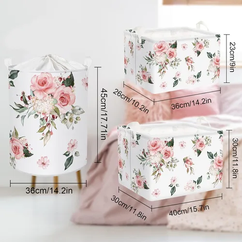 Vista 7 de Clastyle Cesta de regalo de niña floral rosa rectangular vacía con rosas y flores, cesta de almacenamiento para ropa de bebé, juguetes para libros
