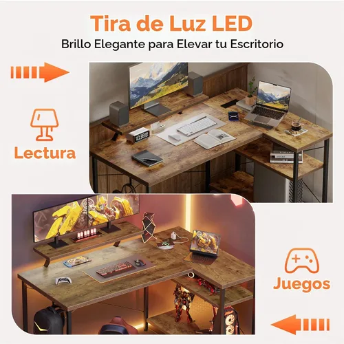 Vista 8 de Mericonia Escritorio para computadora en forma de L con tomas de corriente, escritorio para juegos reversible con estantes de almacenamiento y Marrón