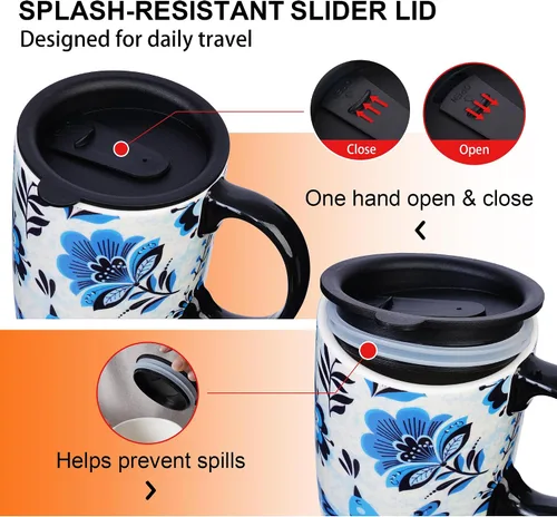 Vista 9 de Topadorn Taza de Café de Cerámica de Viaje con Tapa y Caja de Color, 17oz Termo de Café Apto para Microondas y Lavavajillas, Pájaro Azul