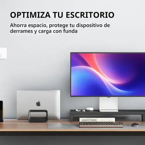 Vista 5 de Soporte vertical para computadora de escritorio, soporte de plástico para laptop con protección de silicona, compatible con todos los Negro