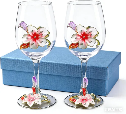 Vista 11 de Simcat Copa de Vino Pintada a Mano de Esmalte Floral Transparente Refinada, Pie para Cabernet, Regalos (Caja de regalo doble azul, 2 Cajas de regalo)