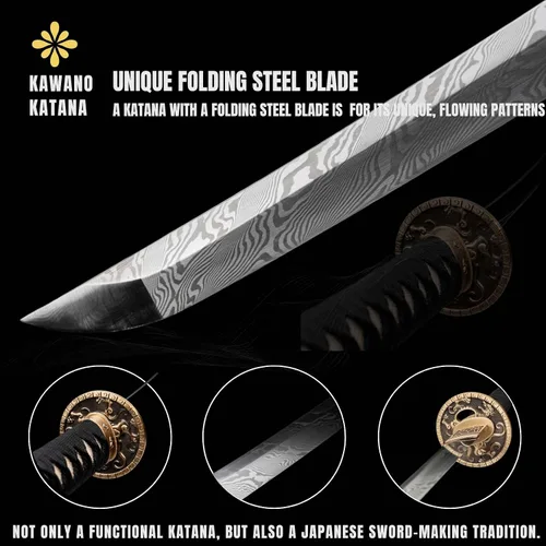 Vista 7 de Espada Katana KAWANO, espada japonesa de Damasco de acero plegable hecha a mano, espada samurái de lama completa funcional, mango de Rayskin real