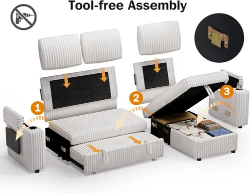 Vista 4 de Vipbear Sofá cama modular de 86 pulgadas con cama extraíble, sofá en forma de L de pana de felpa de 3 asientos con diván de almacenamiento, puertos