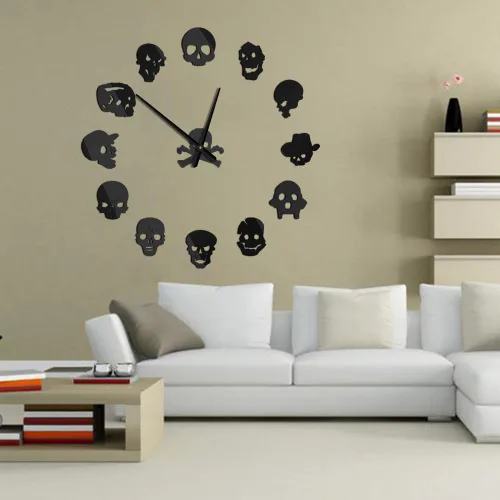 Vista 2 de Gran calavera 3D DIY reloj de pared Frameless Espejo Superficie Etiqueta de pared (negro)