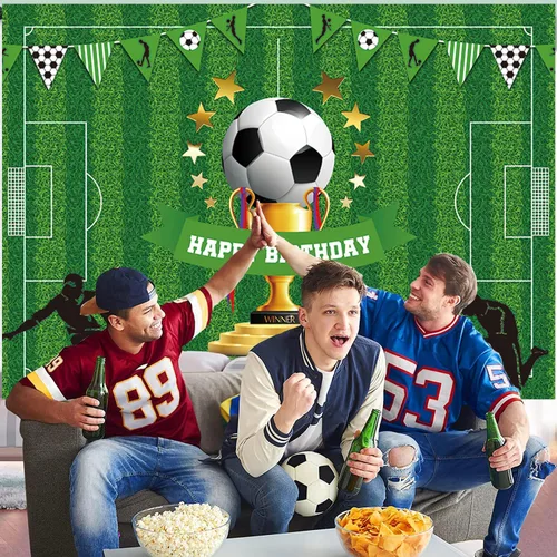 Vista 5 de Cartel de fondo de feliz cumpleaños de fútbol de 5 x 3 pies, decoraciones de fiesta temática deportiva para niños y niños, suministros de fiesta