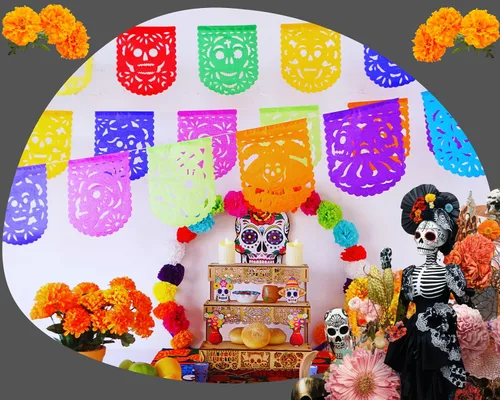 Vista 2 de Papel picado Dia de Los Muertos, Papel para Ofrendas, Altar y Otros Pequeños Espacios 5 Paquetes Tamaño Mini Ovalado Multicolor