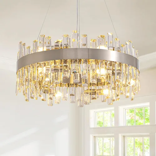 Vista 12 de Siljoy - Candelabro de cristal moderno, 12 luces, lujoso, redondo, de 2 niveles, con cristal K9 en forma de gota de lluvia, lámpara colgante de Oro