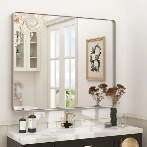 Vista 126 de Paquete de 2 espejos de baño con marco de metal negro de 22 x 30 pulgadas, espejo rectangular redondeado negro mate, antioxidante, se cuelga