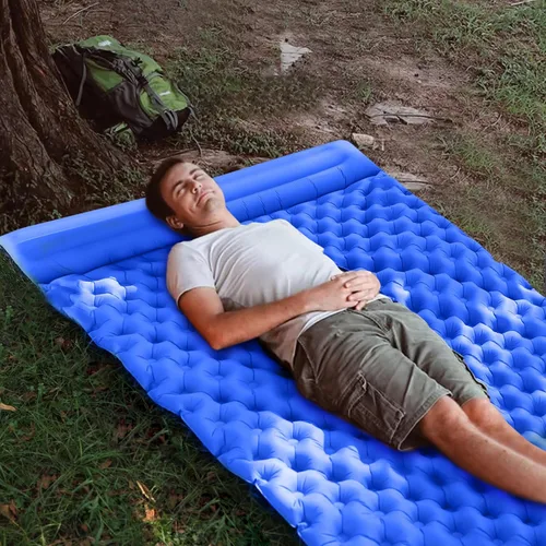 Vista 2 de Ergocar Colchoneta de dormir para camping, almohadilla inflable gruesa con almohada, bomba integrada, colchón inflable ligero para acampar con tela