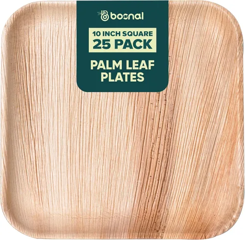 Vista 12 de BOSNAL - Platos biodegradables de hoja de palma, 4 pulgadas, cuadrados, 25 piezas, compostables, estilo de bambú y madera, apilables, grado