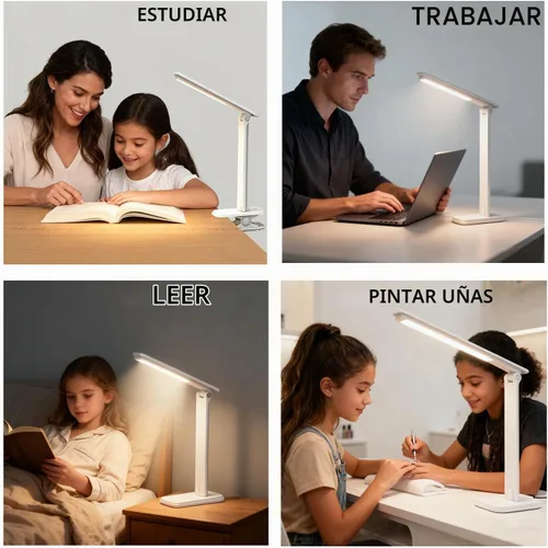 Vista 3 de Lámpara LED de escritorio, lámpara de mesa regulable, lámpara de lectura con clip y base intercambiables, 3 brillos regulables, pequeña lámpara