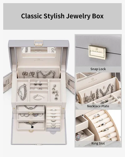 Vista 2 de Vlando Joyero organizador para niñas y mujeres, organizador de joyas barroco grande con espejo, 3 cajones para pulseras, aretes, anillos, collares