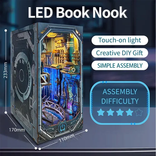 Vista 5 de Cyberpunk - Kit de rincón de libro, kit de casa de muñecas de bricolaje 3D rompecabezas de madera con decoración futurista LED, decoración del hogar
