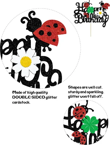 Vista 3 de Decoración para tartas de mariquitas, decoración de feliz cumpleaños para niños y niñas, mariquita con purpurina, trébol de margaritas, suministros